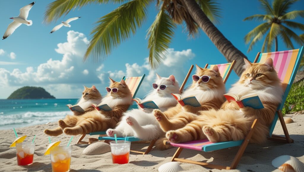 Fluffy cats relaxing on beach chairs with books and sunglasses, enjoying tropical vibes – HTBooks.store banner welcoming readers to financial freedom.