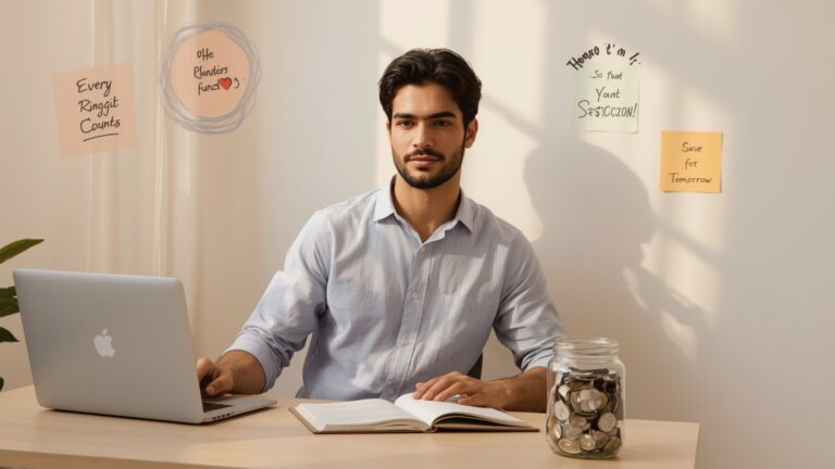 Young Malaysian man sitting at a desk with a laptop and notebook, looking focused and optimistic. A partially filled jar labeled “Emergency Fund” sits beside him. Sunlight streams through the window, highlighting motivational sticky notes and a savings-marked calendar in the background.